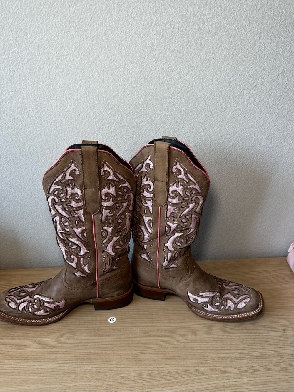 J.B. Dillon Brown Leather Western Boots with Pink Inlay - Picture 2 of 5